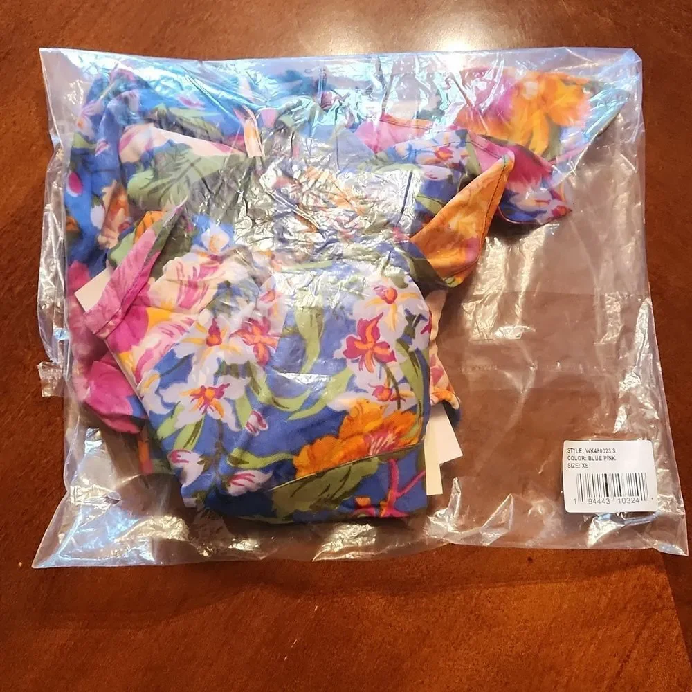 B.O.G Tropical Skort & Halter Crop Top Hawaiian Set, XS, Blue & Pink Floral